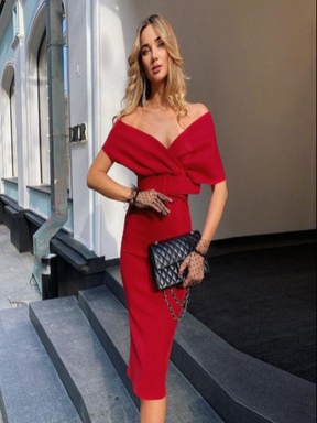 Vestido Midi  Gaia Vermelho Ombro a Ombro com Cinto – Sofisticação e Charme Atemporal