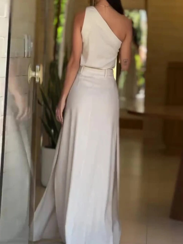 Conjunto de Saia Rafaella Feminino com  Saia Longa e Blusa de Um Ombro Só com Cinto Elegante