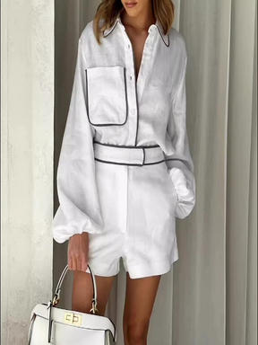 Conjunto de Shorts Loren Feminino Camisa em Algodão e Linho com Shorts de Corte Reto