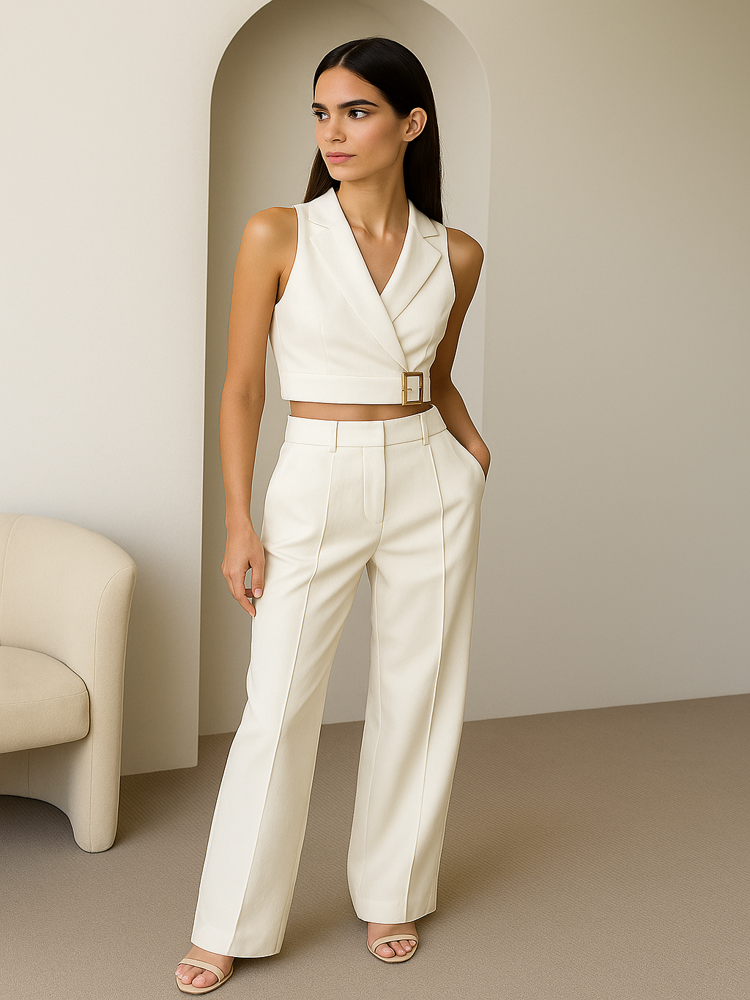 Conjunto de Calça Pietra Colete Transpassado e Calça de Cintura Alta Elegância Minimalista e Sofisticada