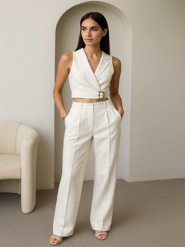 Conjunto de Calça Pietra Colete Transpassado e Calça de Cintura Alta Elegância Minimalista e Sofisticada