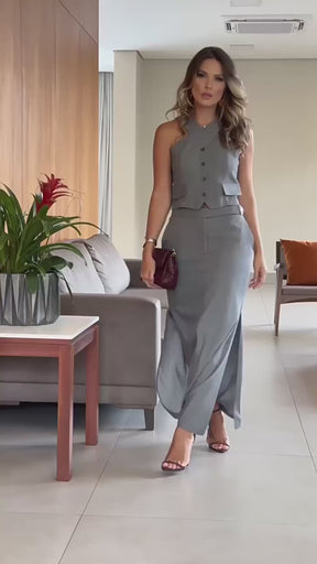Conjunto de Saia Camille Feminino Colete Halter com Saia Longa de Fenda Lateral Elegância e Modernidade em Sintonia
